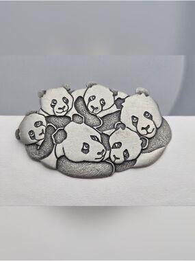 Vintage JJ Panda Family Brooch Pewter Animal Pin Signed Jonette Jewelry